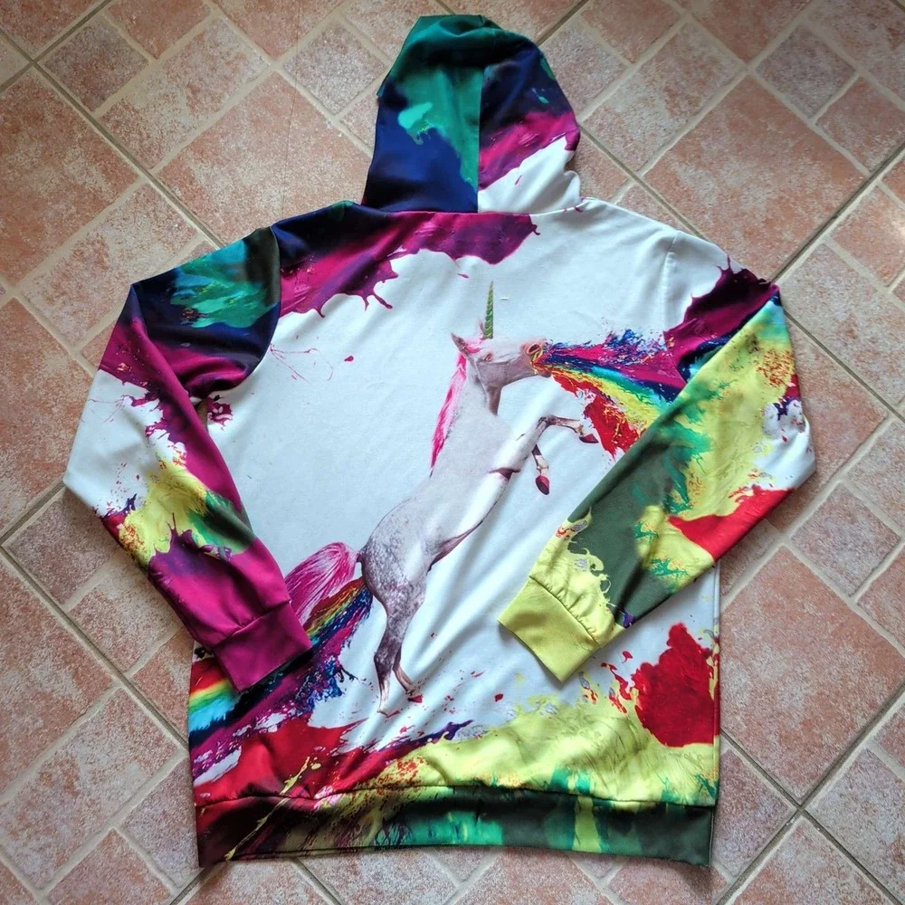 Newcosplay Hoodie Mens XXL/XXXL‎ White Rainbow Vomiting Unicorn Paint Splatter